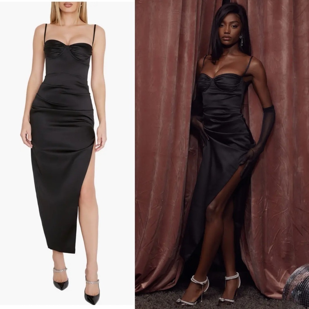 NEW! House of CB- Flora Black Satin Pleated Corset Midi Dress Size Large PLUSCUP
